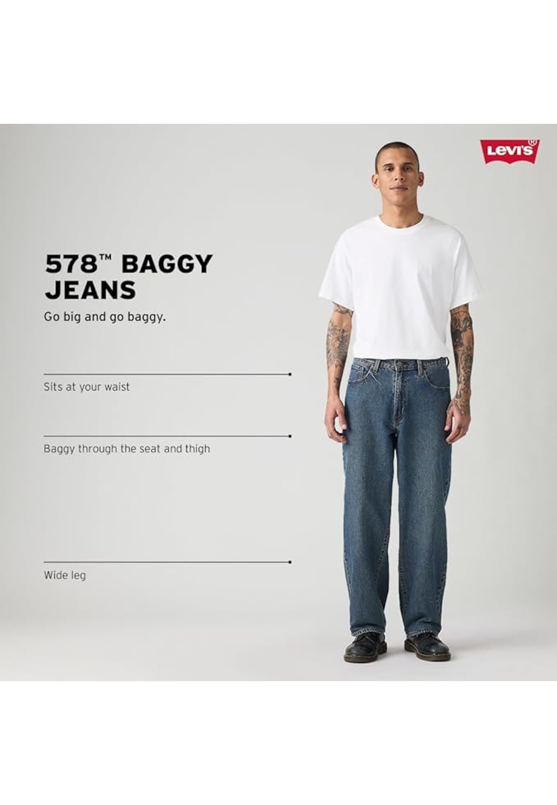 Чоловічі джинси Levi's 578 Baggy Fit у кольорі Bag Secured з oversize футболкою та кросівками