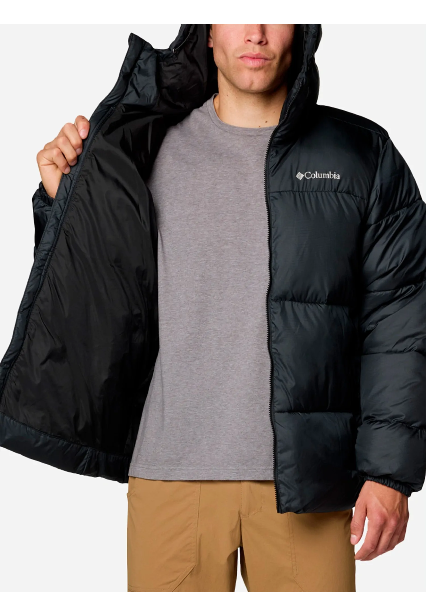 Образ с курткой Columbia Pike Lake II Hooded Jacket 2024 Black на зимней прогулке 