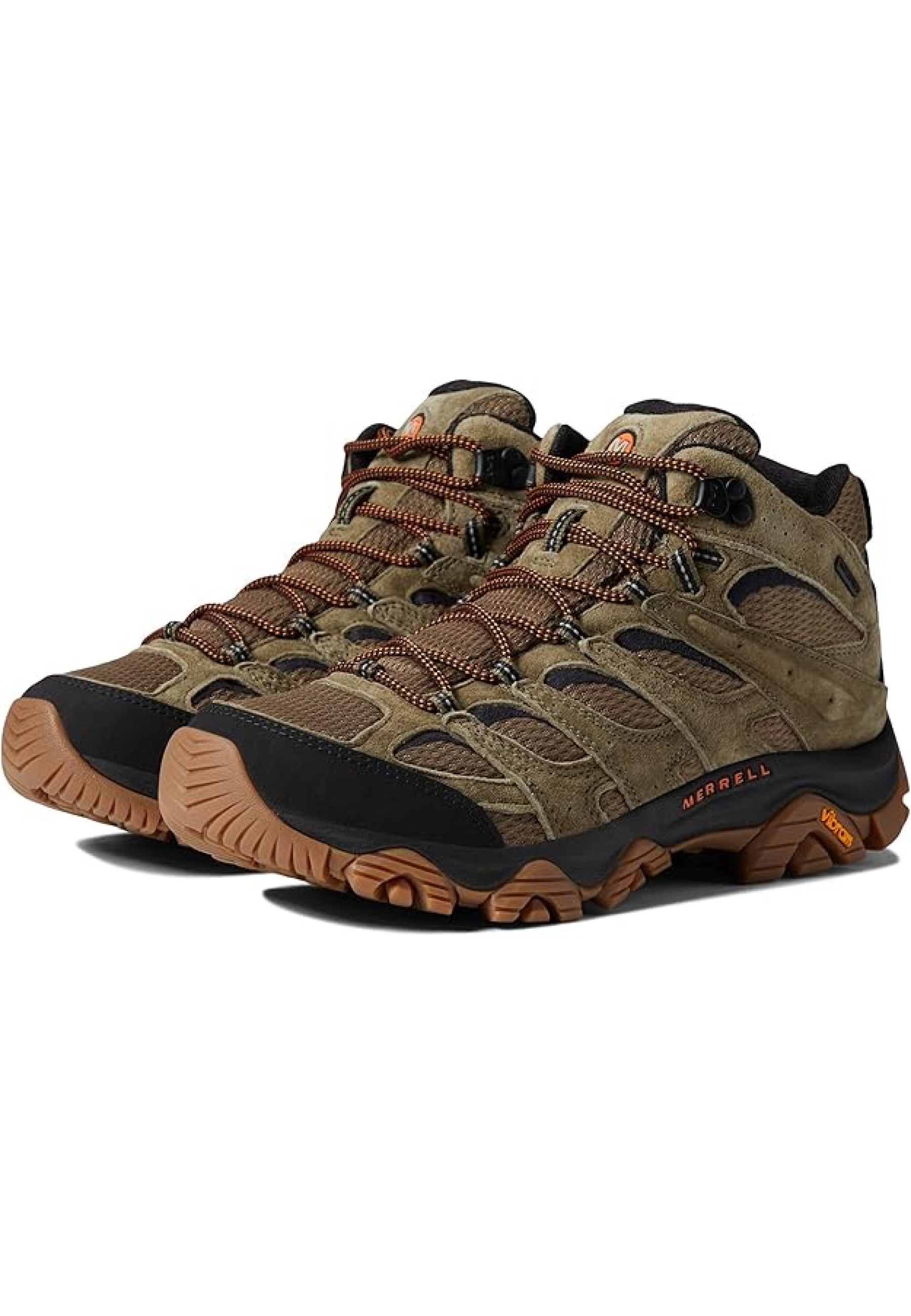 Men's Merrell Moab 3 Mid Waterproof Olive/Gum boots on forest trail hike 2025