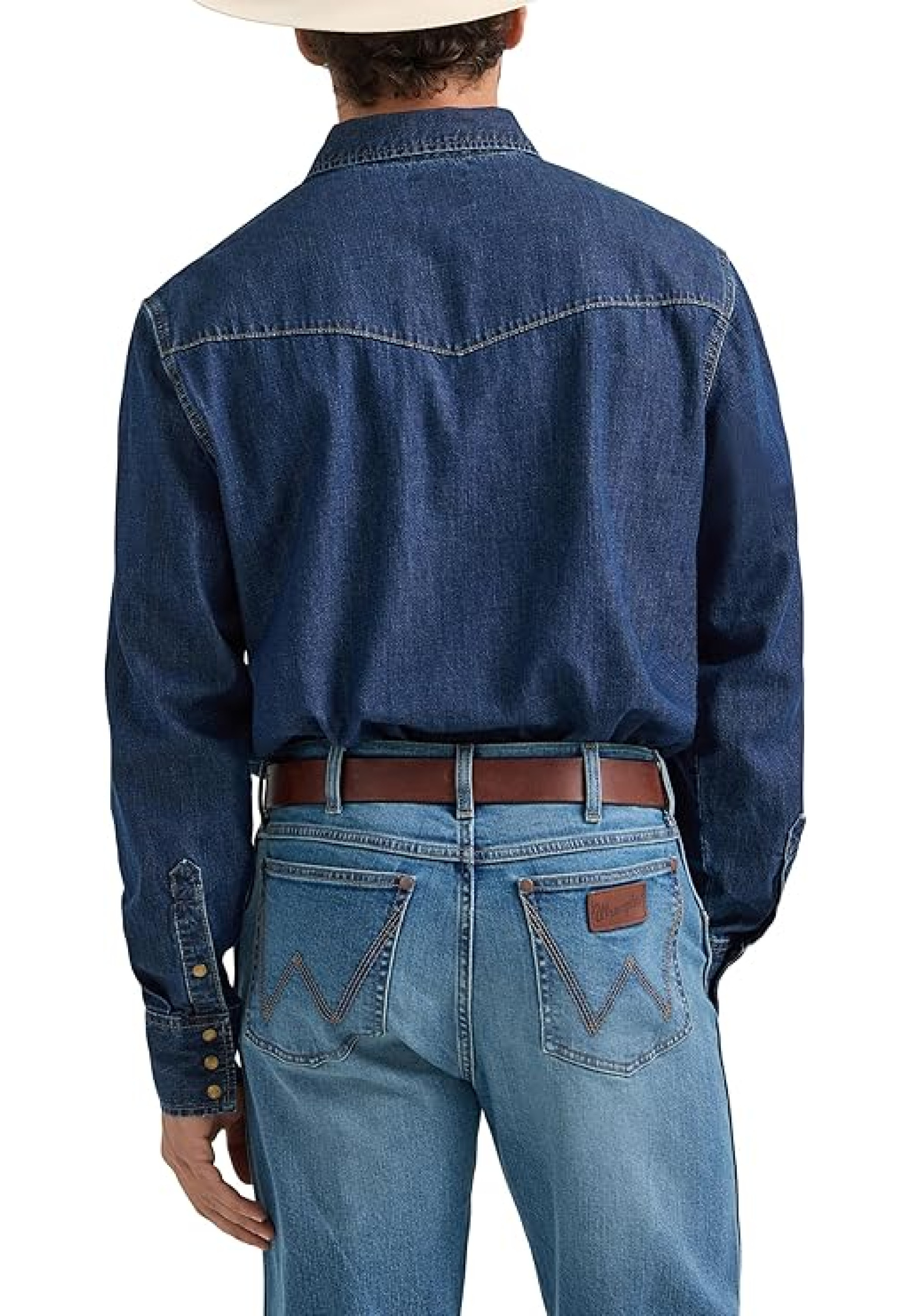 Outfit with Wrangler Denim Light Wash Long Sleeve Snap Shirt Mid Wash Denim and jeans 2025