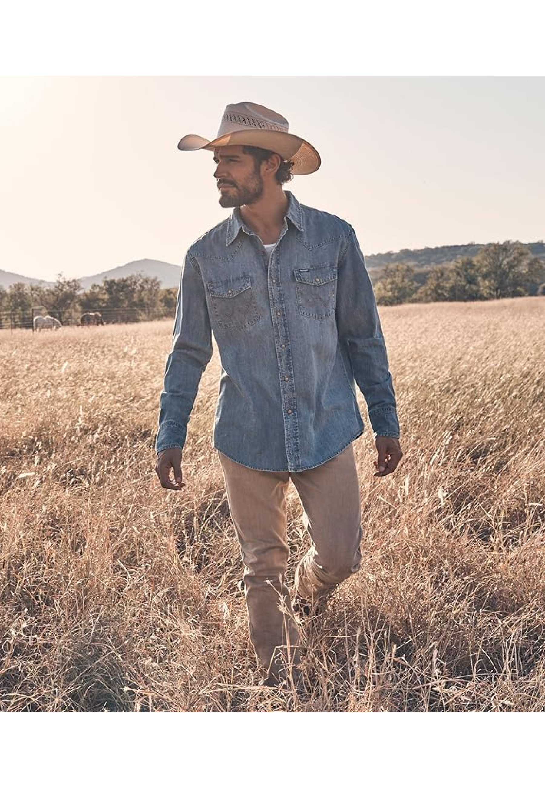Outfit with Wrangler Denim Light Wash Long Sleeve Snap Shirt Mid Wash Denim and jeans 2025