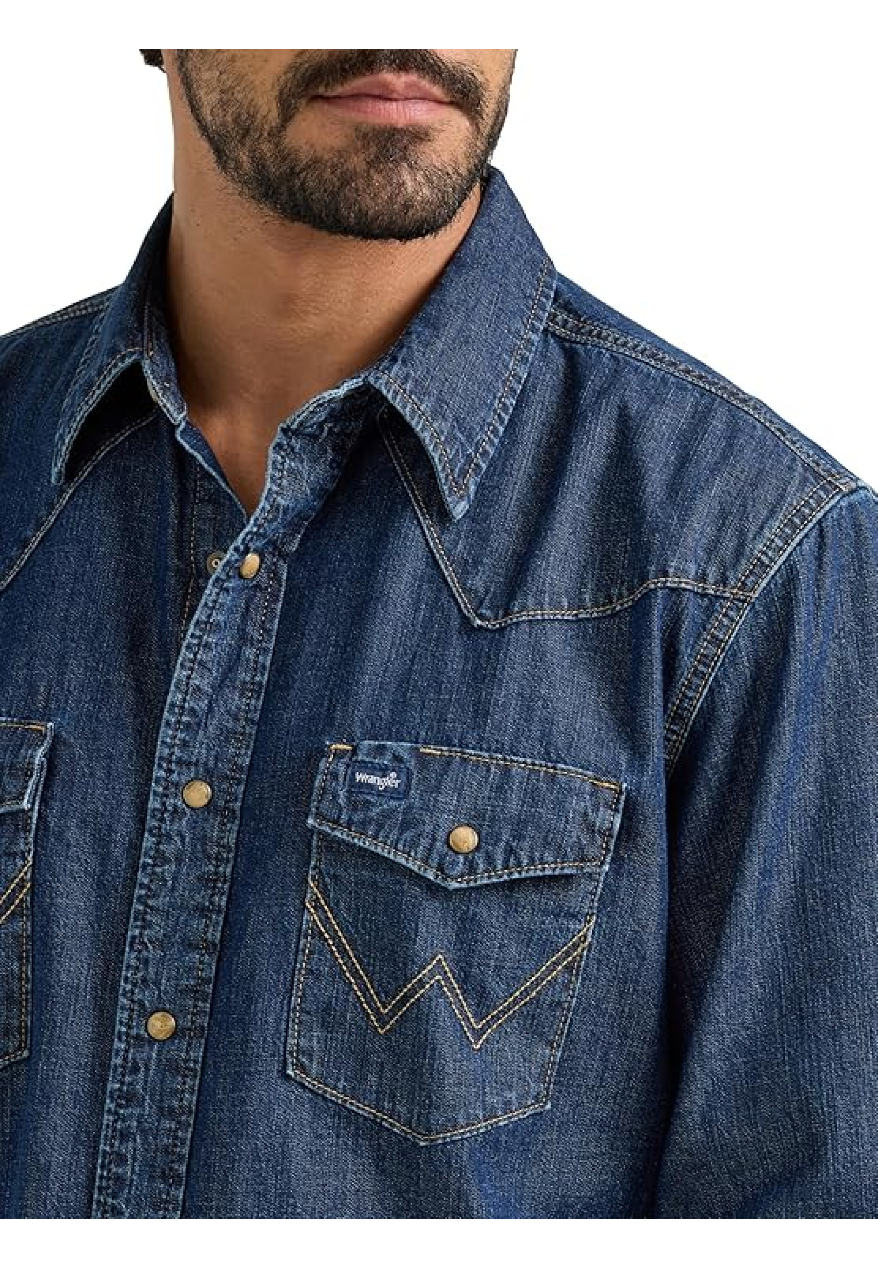 Outfit with Wrangler Denim Light Wash Long Sleeve Snap Shirt Mid Wash Denim and jeans 2025