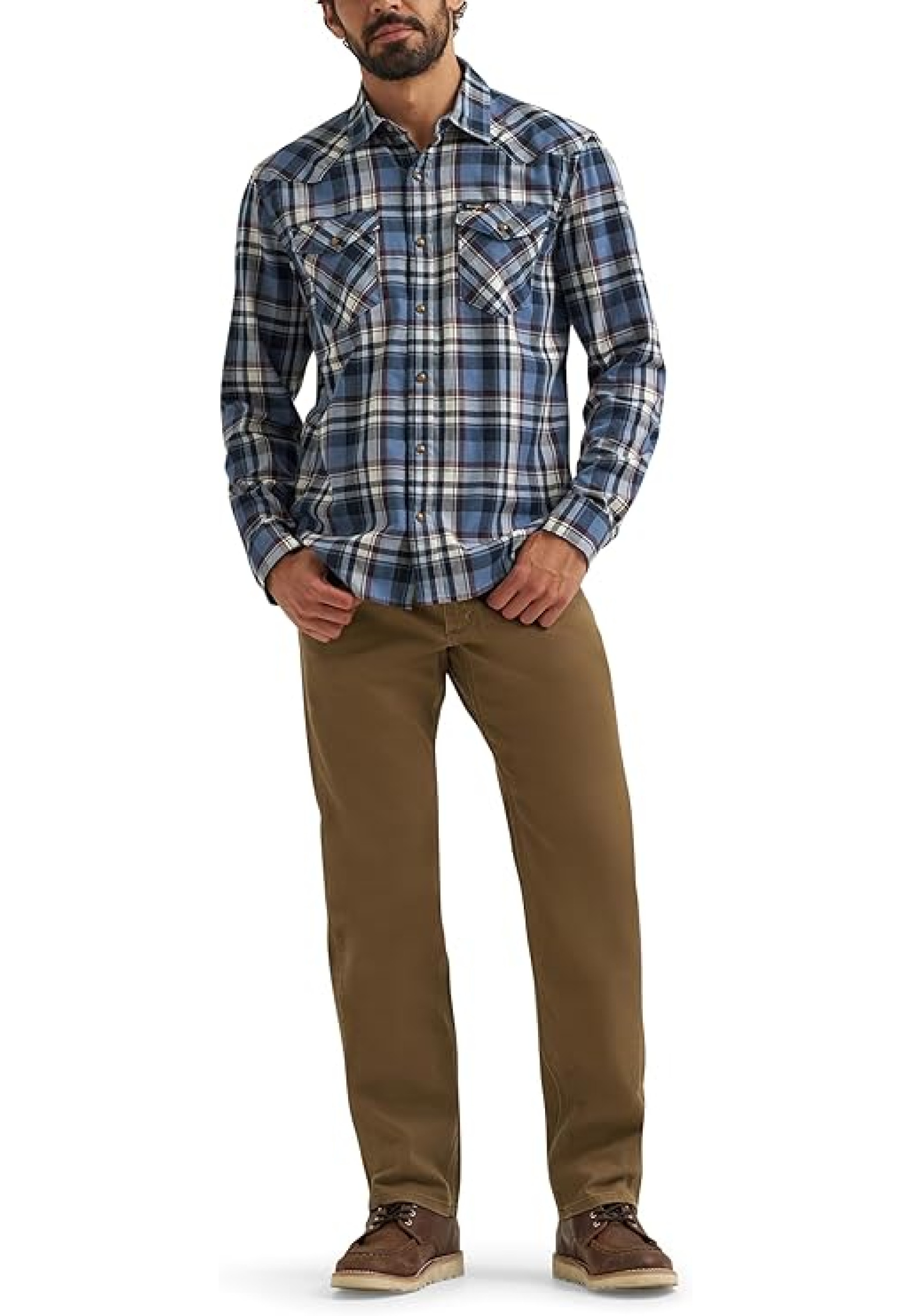 Wrangler Iconic Denim Regular Fit Snap Shirt Midnight Navy in casual outfit