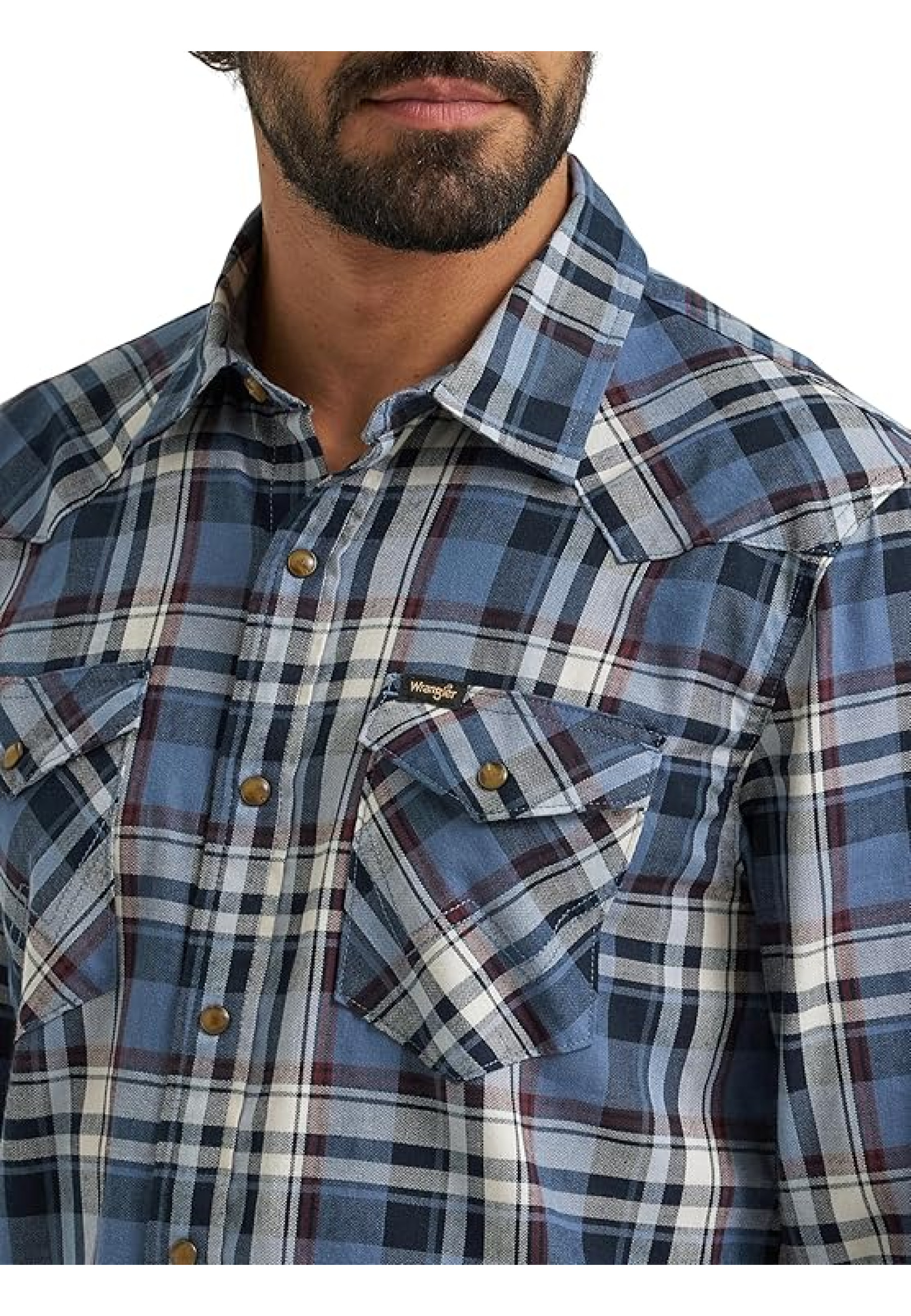 Wrangler Iconic Denim Regular Fit Snap Shirt Midnight Navy in casual outfit