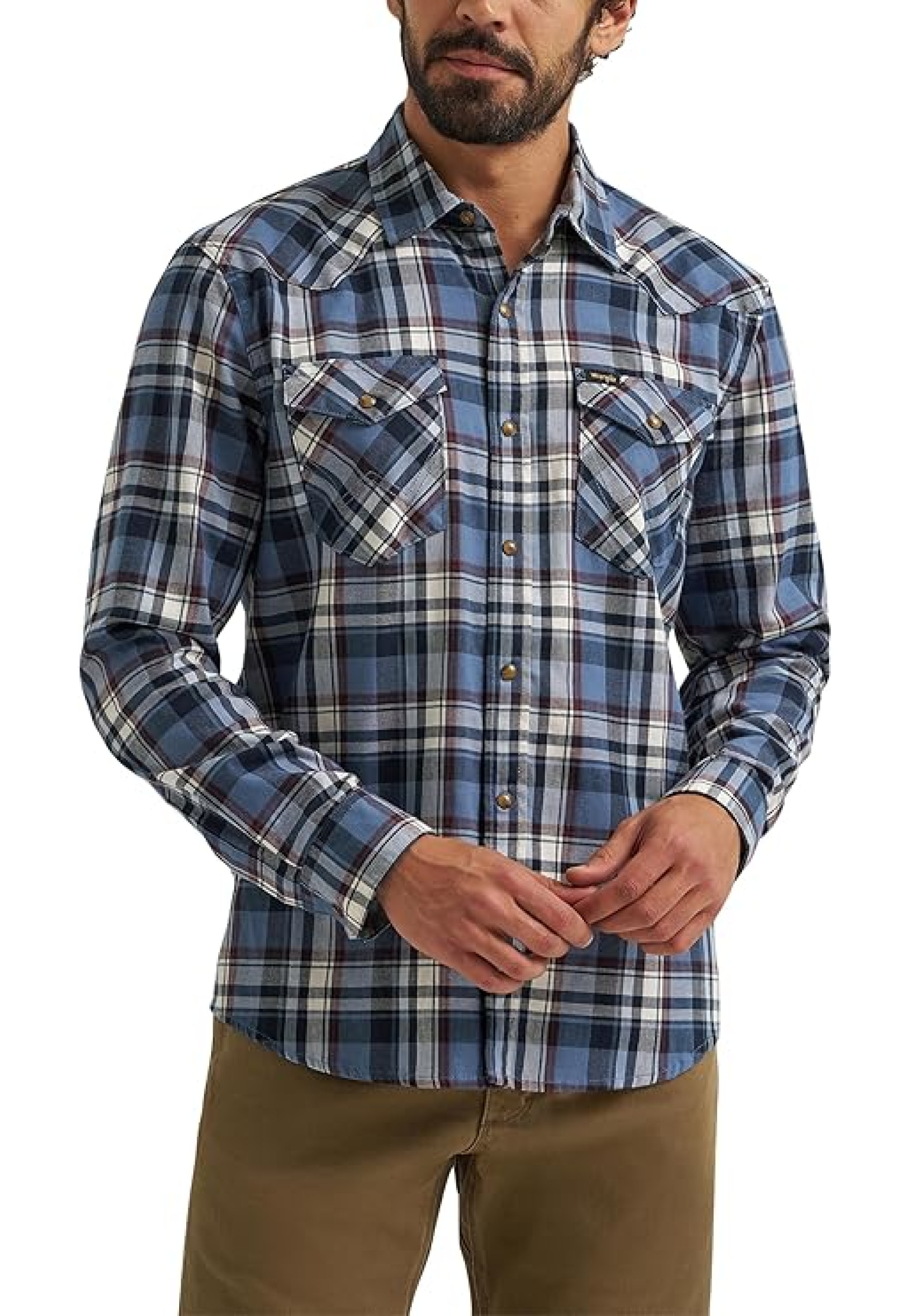 Wrangler Iconic Denim Regular Fit Snap Shirt Midnight Navy in casual outfit