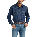 Outfit with Wrangler Denim Light Wash Long Sleeve Snap Shirt Mid Wash Denim and jeans 2025