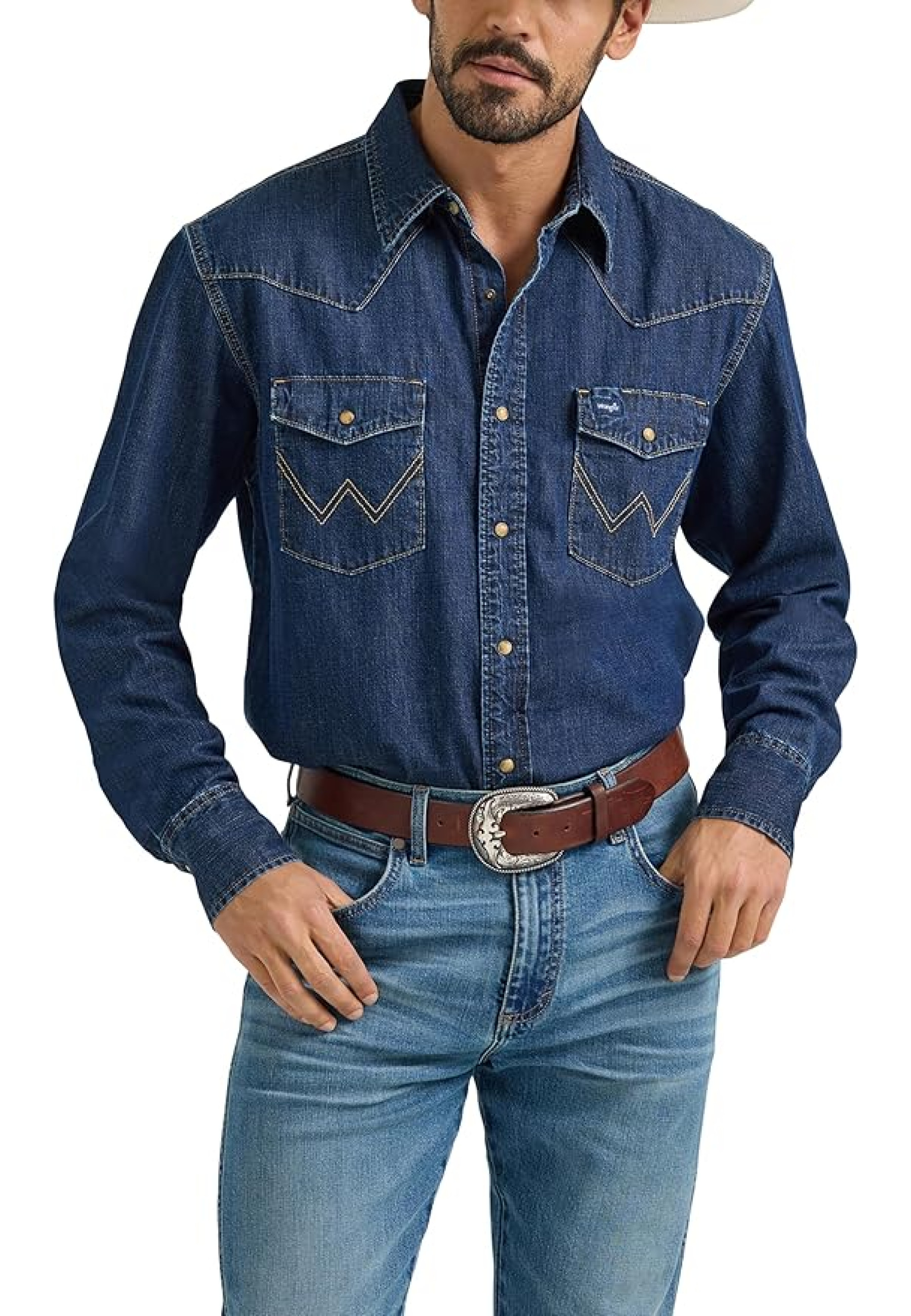 Outfit with Wrangler Denim Light Wash Long Sleeve Snap Shirt Mid Wash Denim and jeans 2025