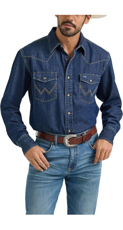 Wrangler Men's Denim Light Wash Long Sleeve Snap Shirt Mid Wash Denim