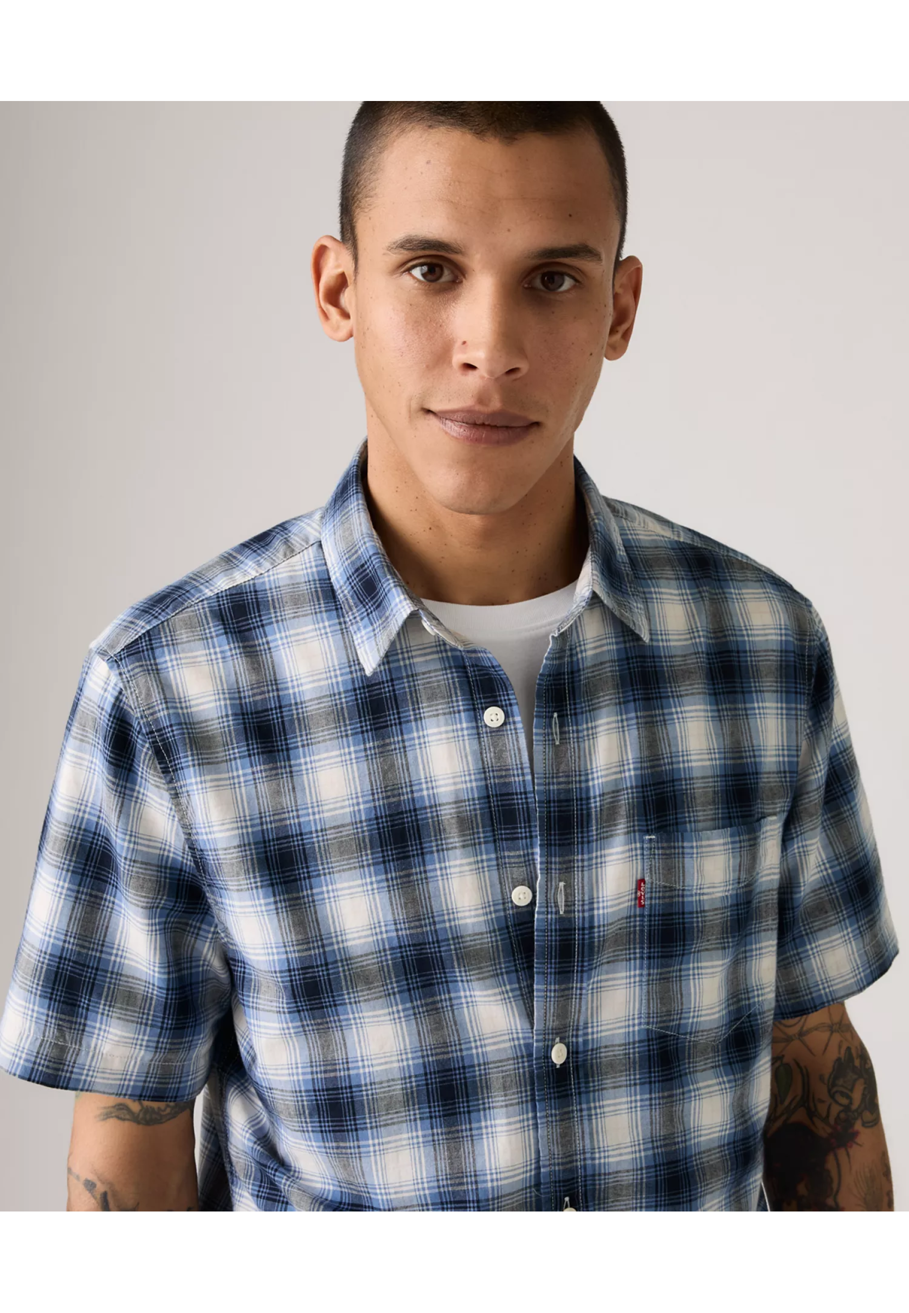 Outfit with Levi's Short-Sleeve Classic Standard Fit Shirt Sydney Plaid Quiet Harbor on summer walk 2026