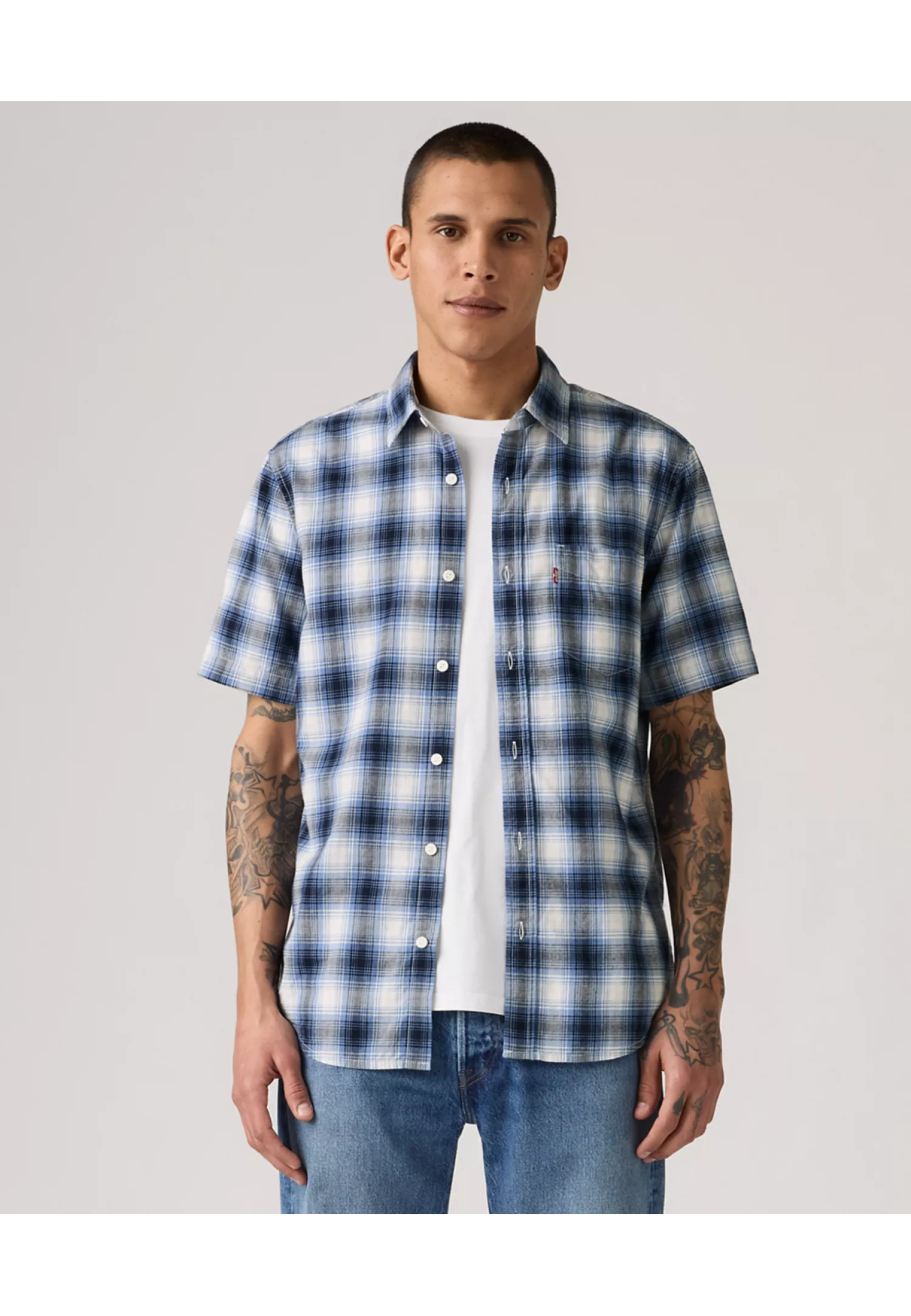 Outfit with Levi's Short-Sleeve Classic Standard Fit Shirt Sydney Plaid Quiet Harbor on summer walk 2026
