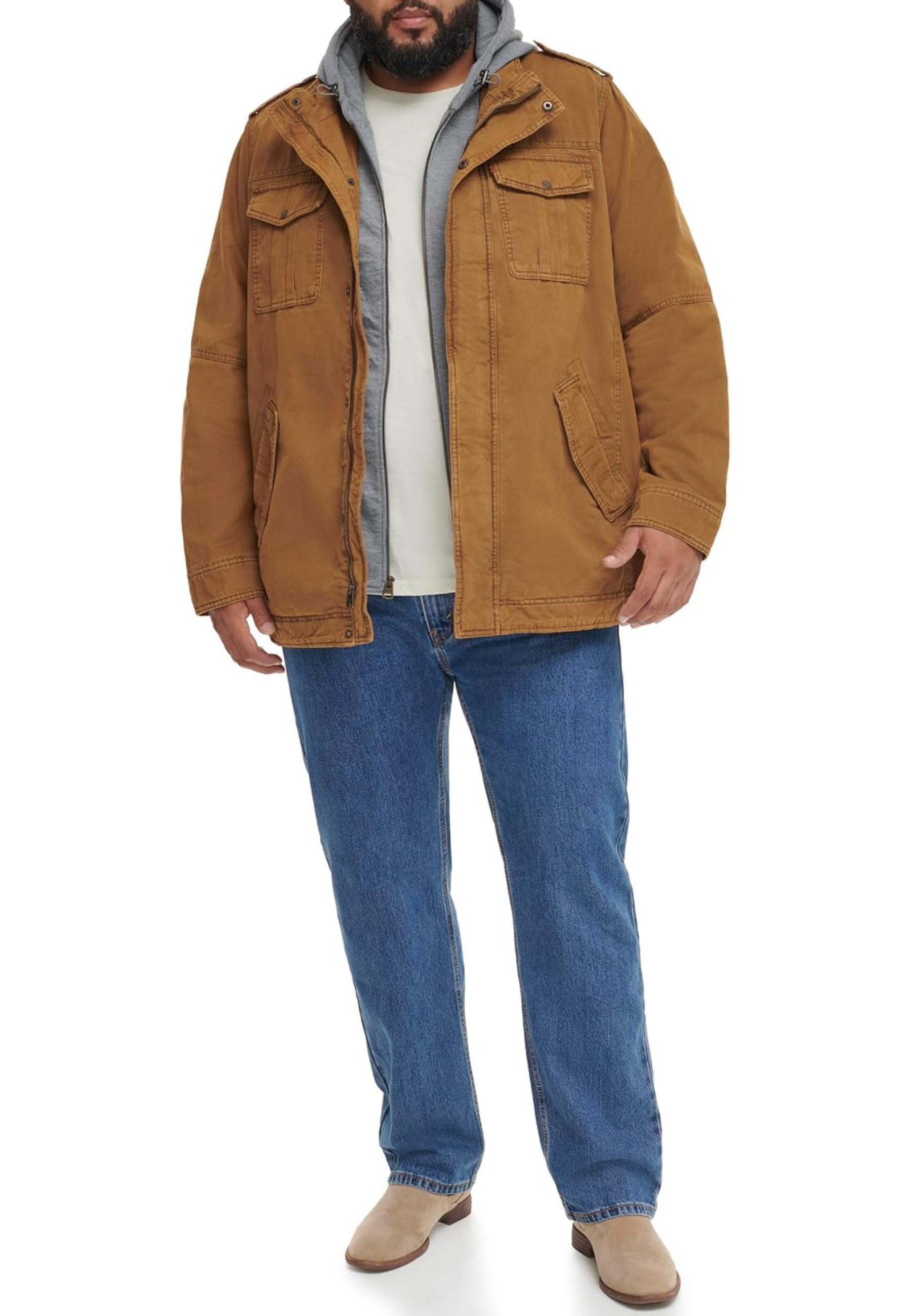 Образ з курткою Levi's Washed Cotton Hooded Military Jacket Worker Brown та джинсами для активного стилю 2026