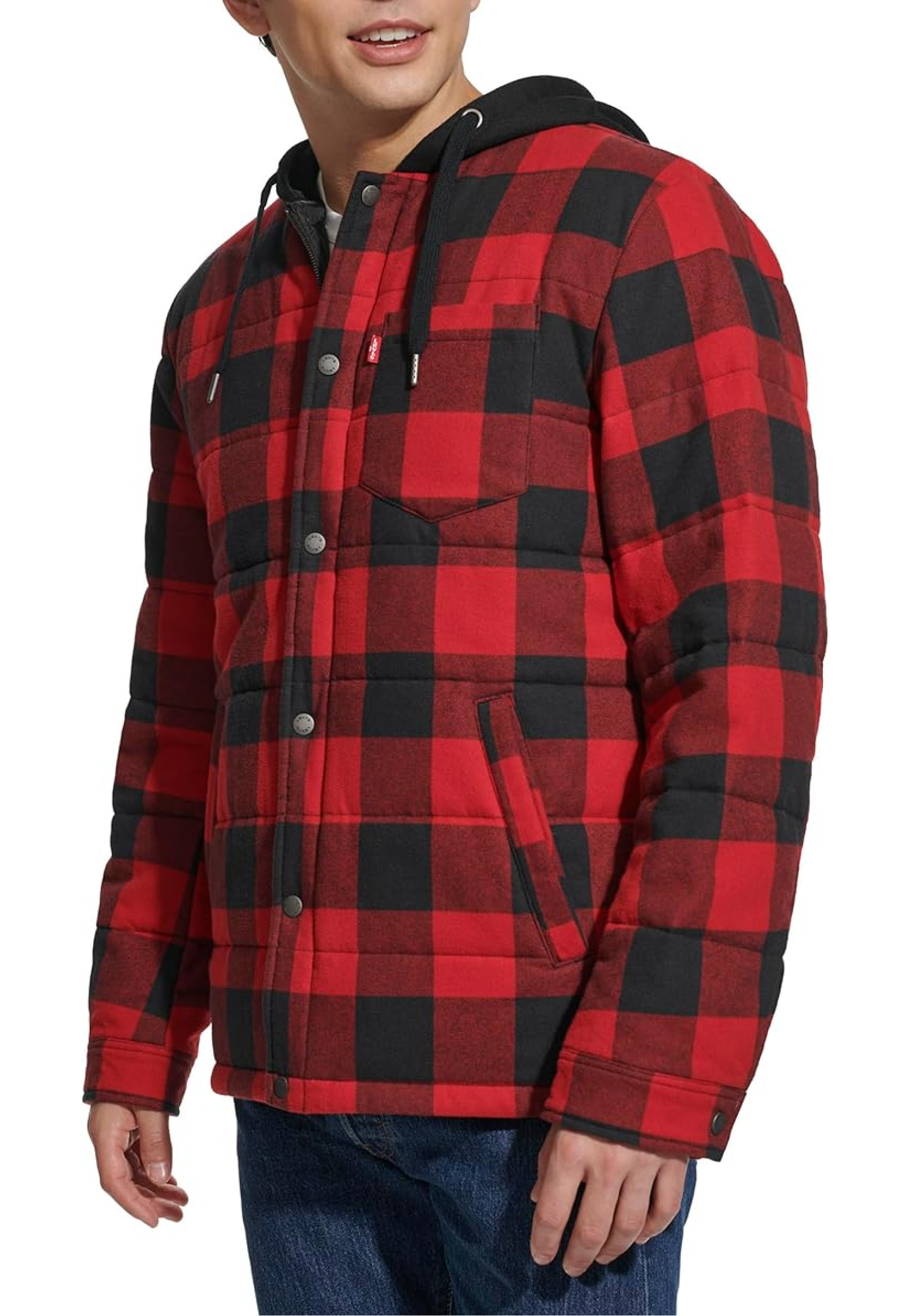 Outfit with Levi's Plaid Sherpa Lined Hooded Shirt Jacket Red/Black Buffalo and jeans for winter style 2026