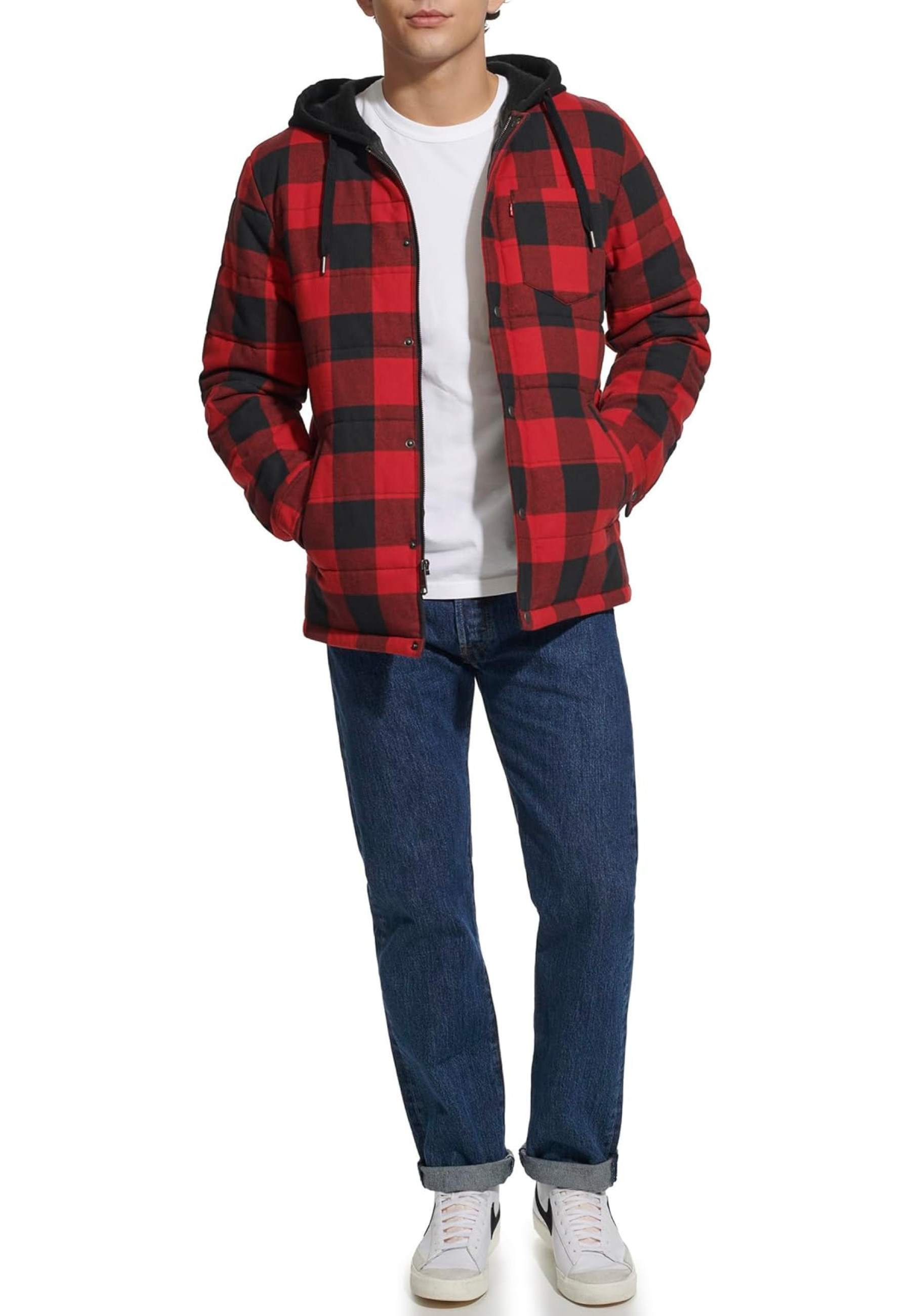 Outfit with Levi's Plaid Sherpa Lined Hooded Shirt Jacket Red/Black Buffalo and jeans for winter style 2026