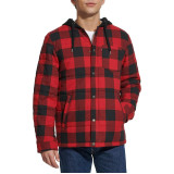 Outfit with Levi's Plaid Sherpa Lined Hooded Shirt Jacket Red/Black Buffalo and jeans for winter style 2026