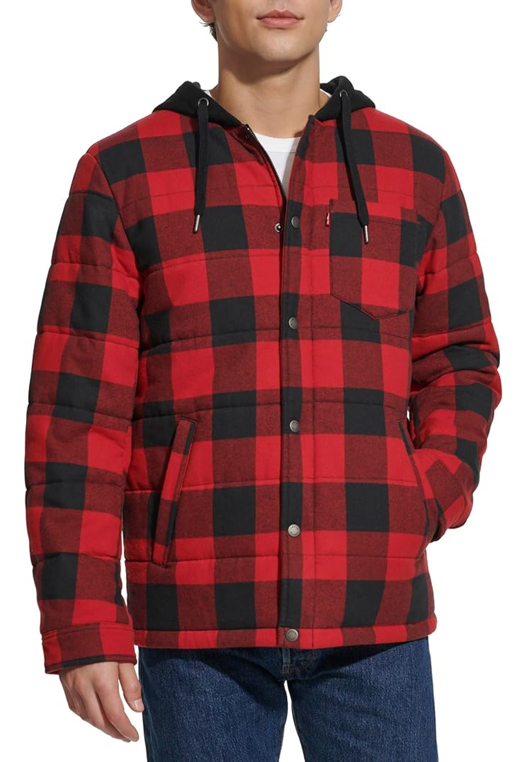 Outfit with Levi's Plaid Sherpa Lined Hooded Shirt Jacket Red/Black Buffalo and jeans for winter style 2026