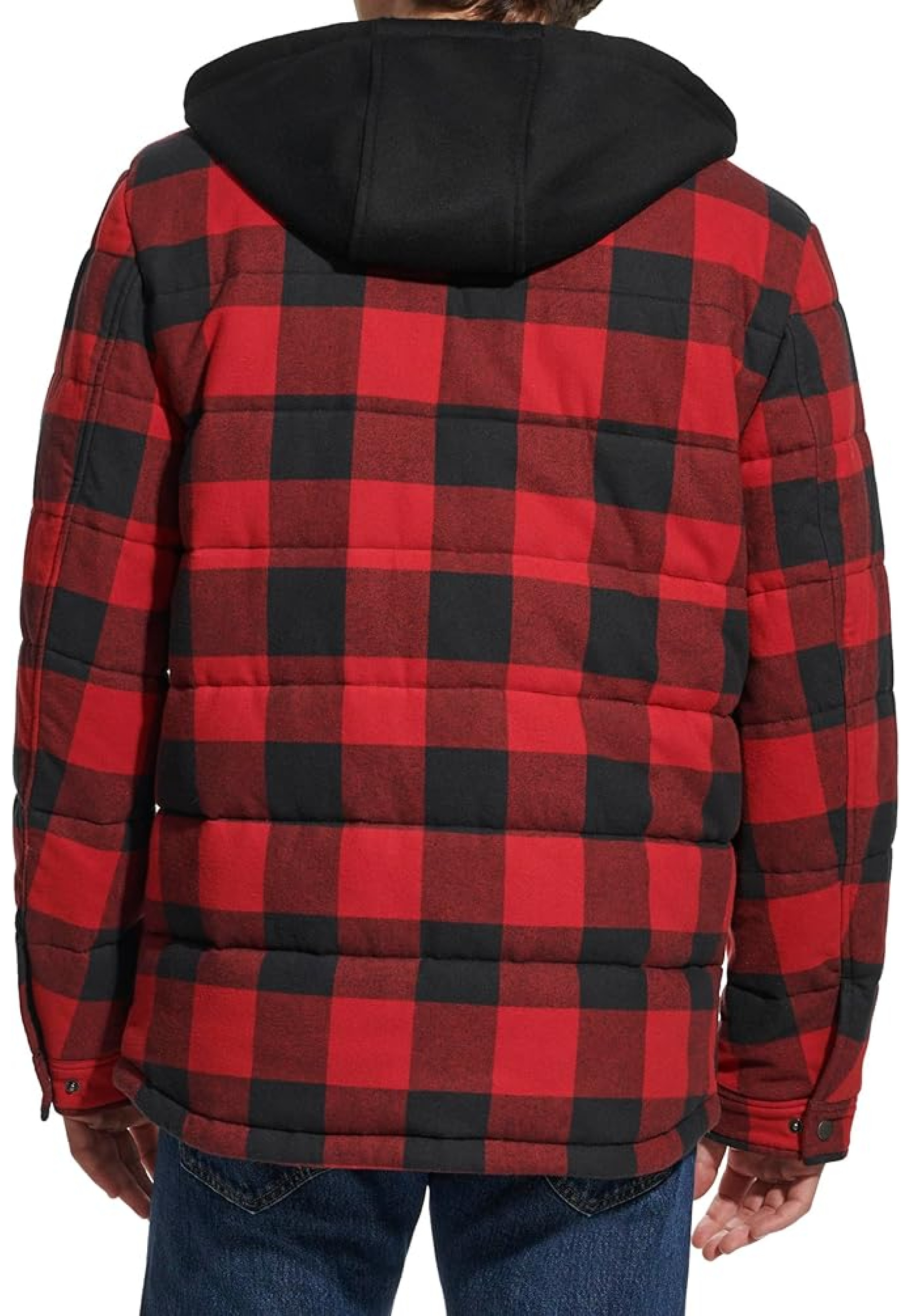 Outfit with Levi's Plaid Sherpa Lined Hooded Shirt Jacket Red/Black Buffalo and jeans for winter style 2026