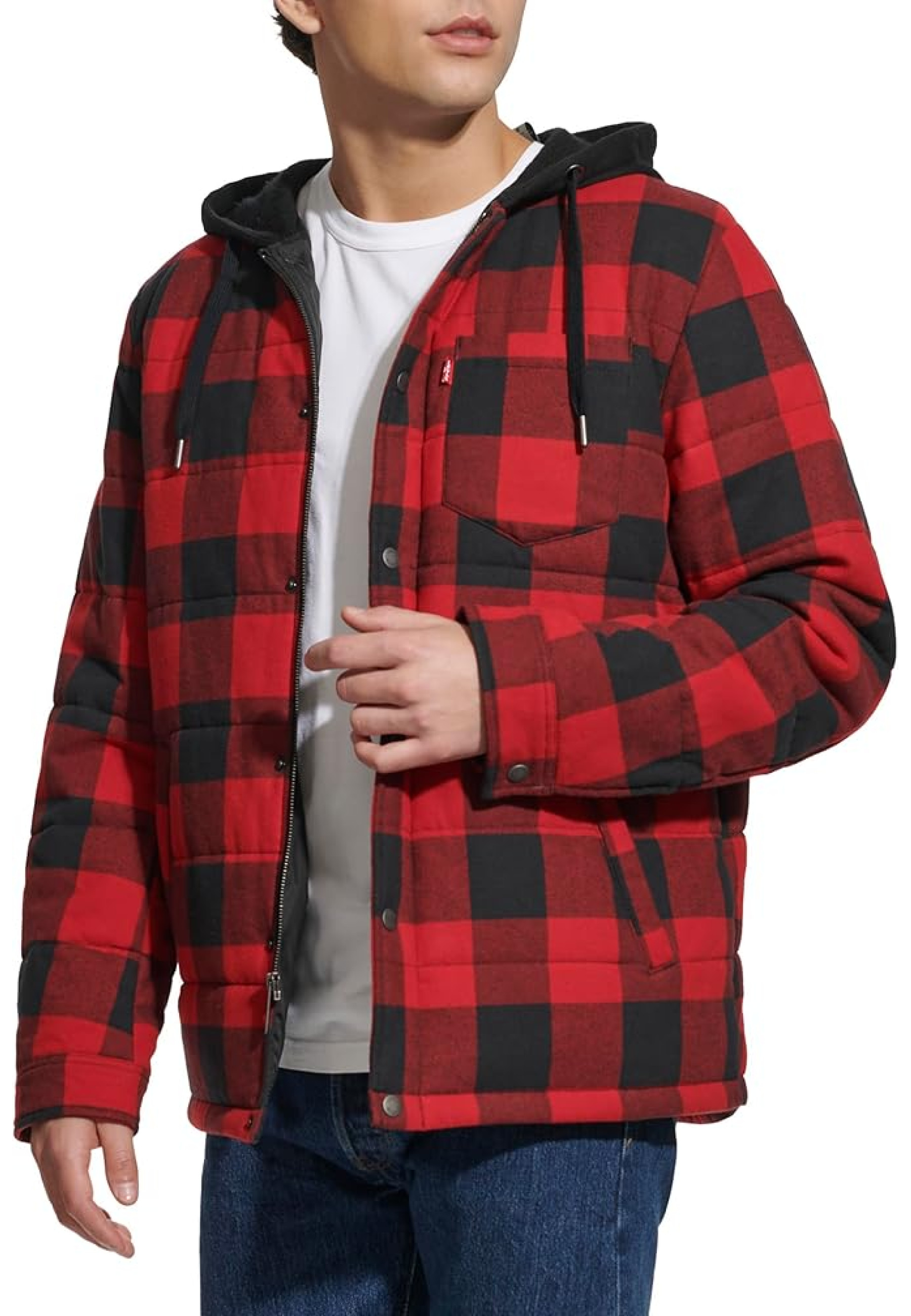 Outfit with Levi's Plaid Sherpa Lined Hooded Shirt Jacket Red/Black Buffalo and jeans for winter style 2026
