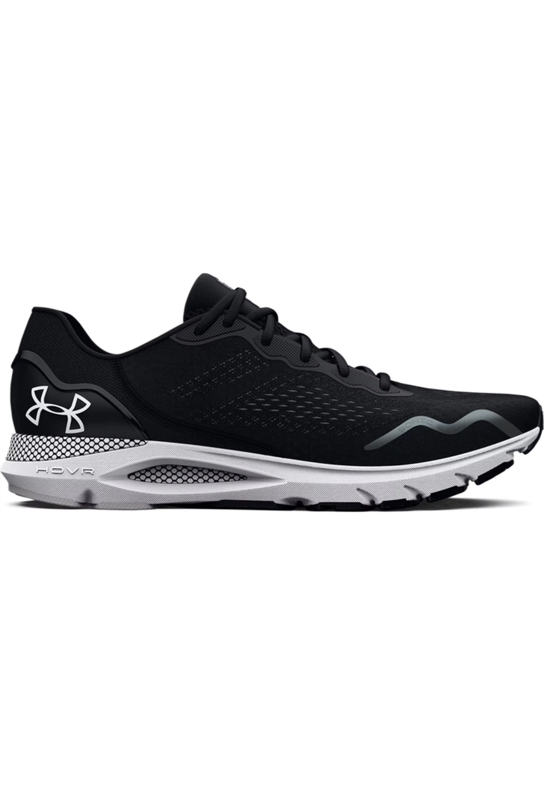 Runner wearing Under Armour HOVR Sonic 6 Black/White shoes on morning run 2026