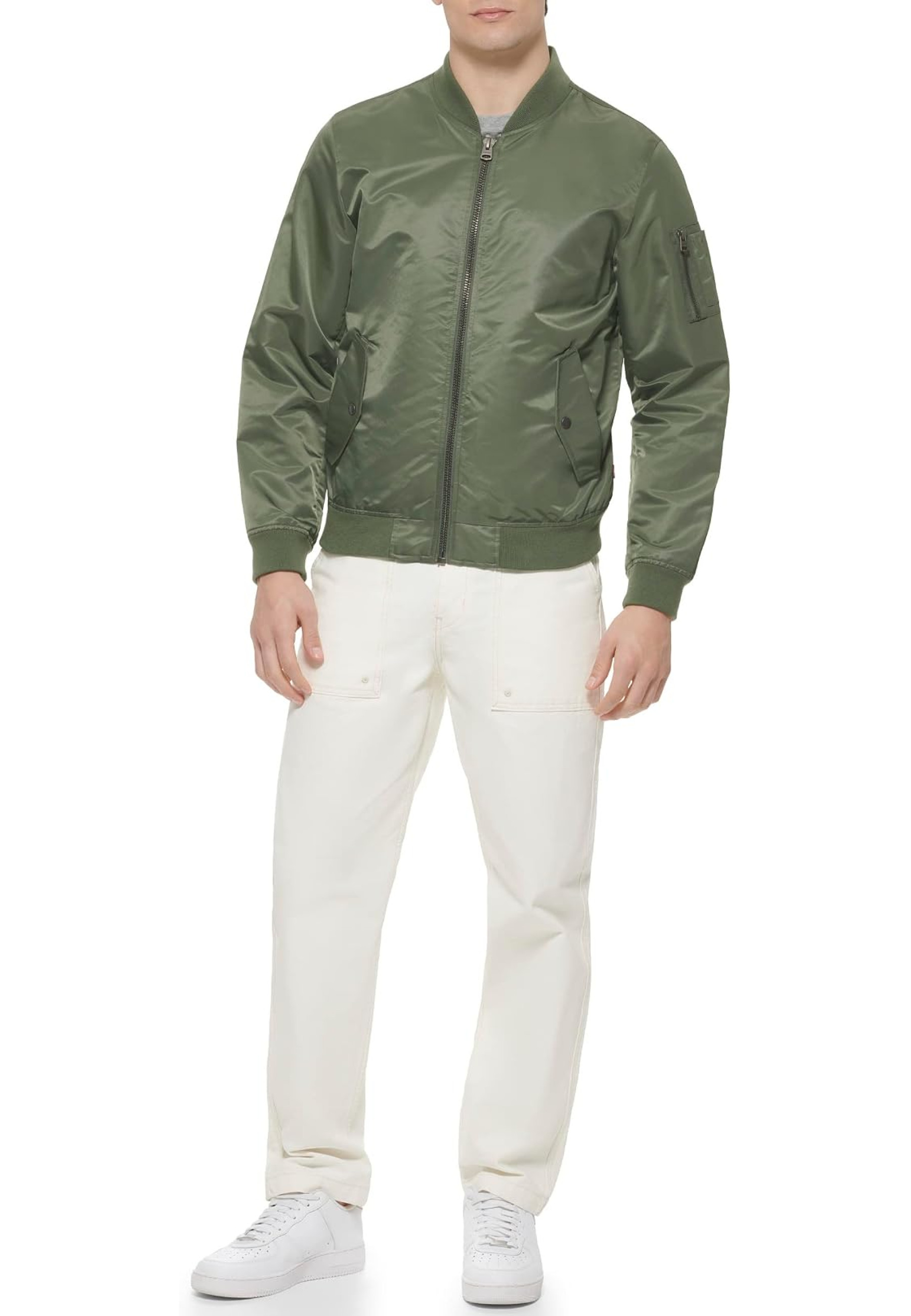 Levi's Men's Flight Satin Unfilled Ma-1 Bomber in Thyme color, style LM2RN614, front view