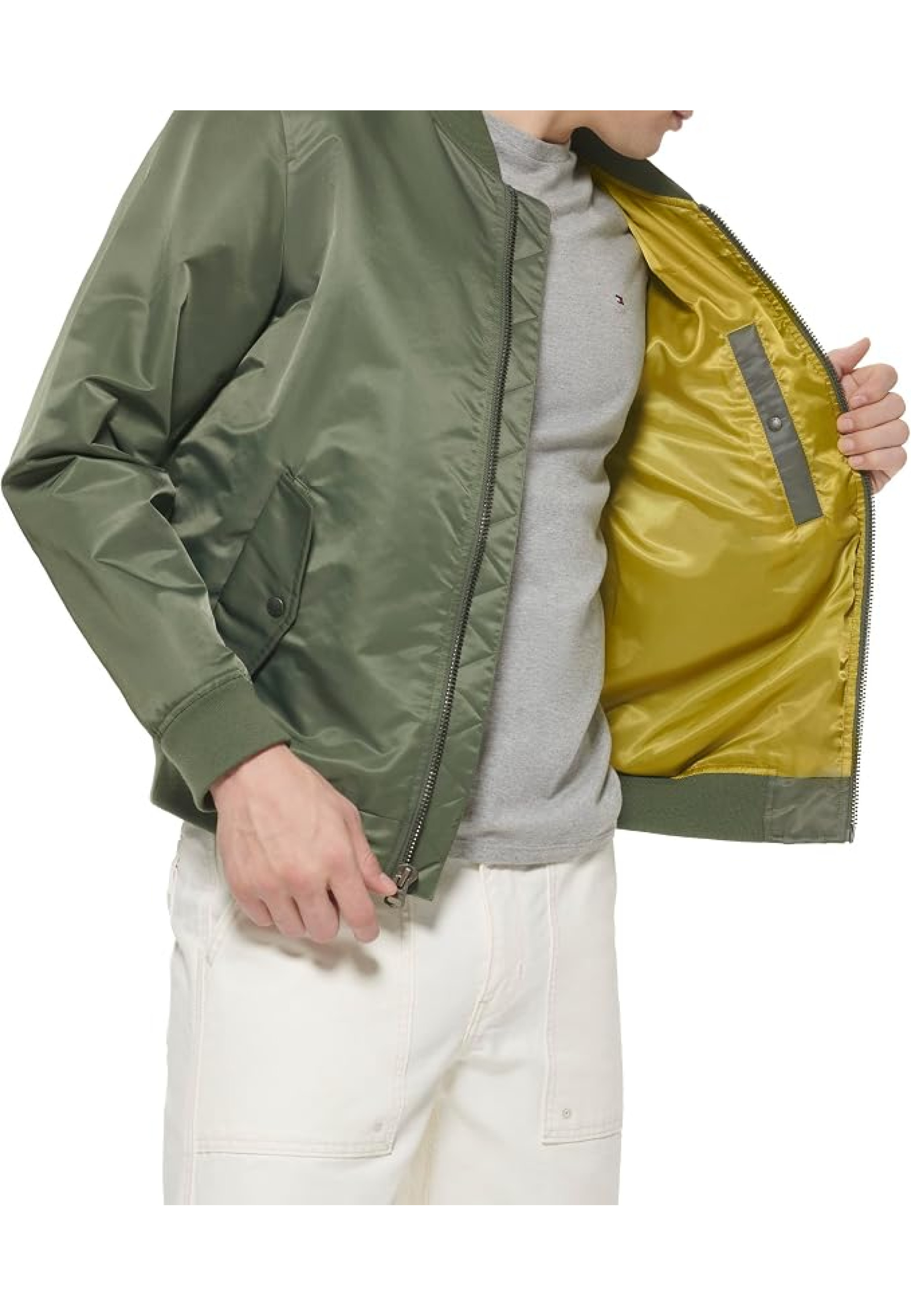 Levi's Men's Flight Satin Unfilled Ma-1 Bomber in Thyme color, style LM2RN614, front view