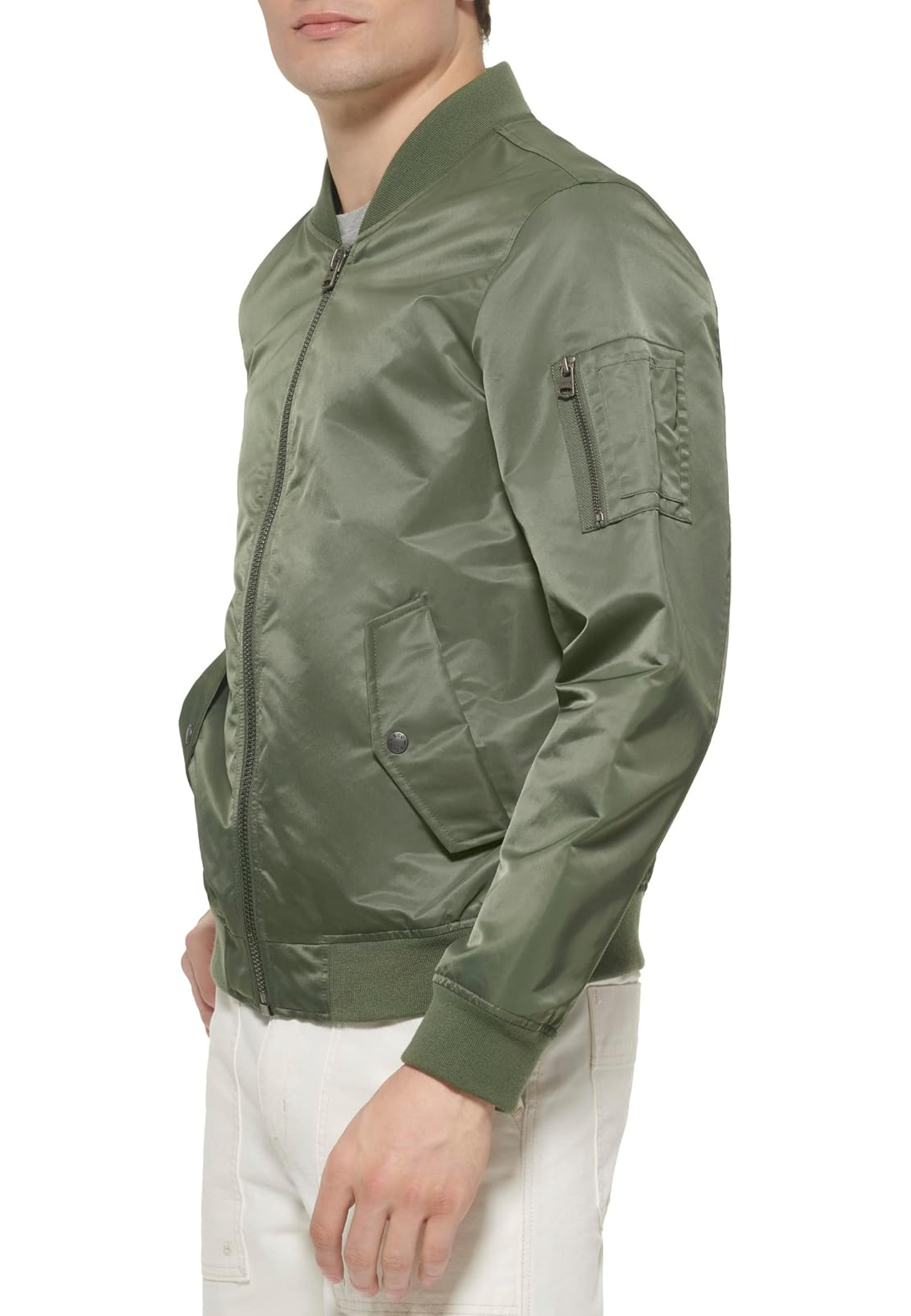 Levi's Men's Flight Satin Unfilled Ma-1 Bomber in Thyme color, style LM2RN614, front view