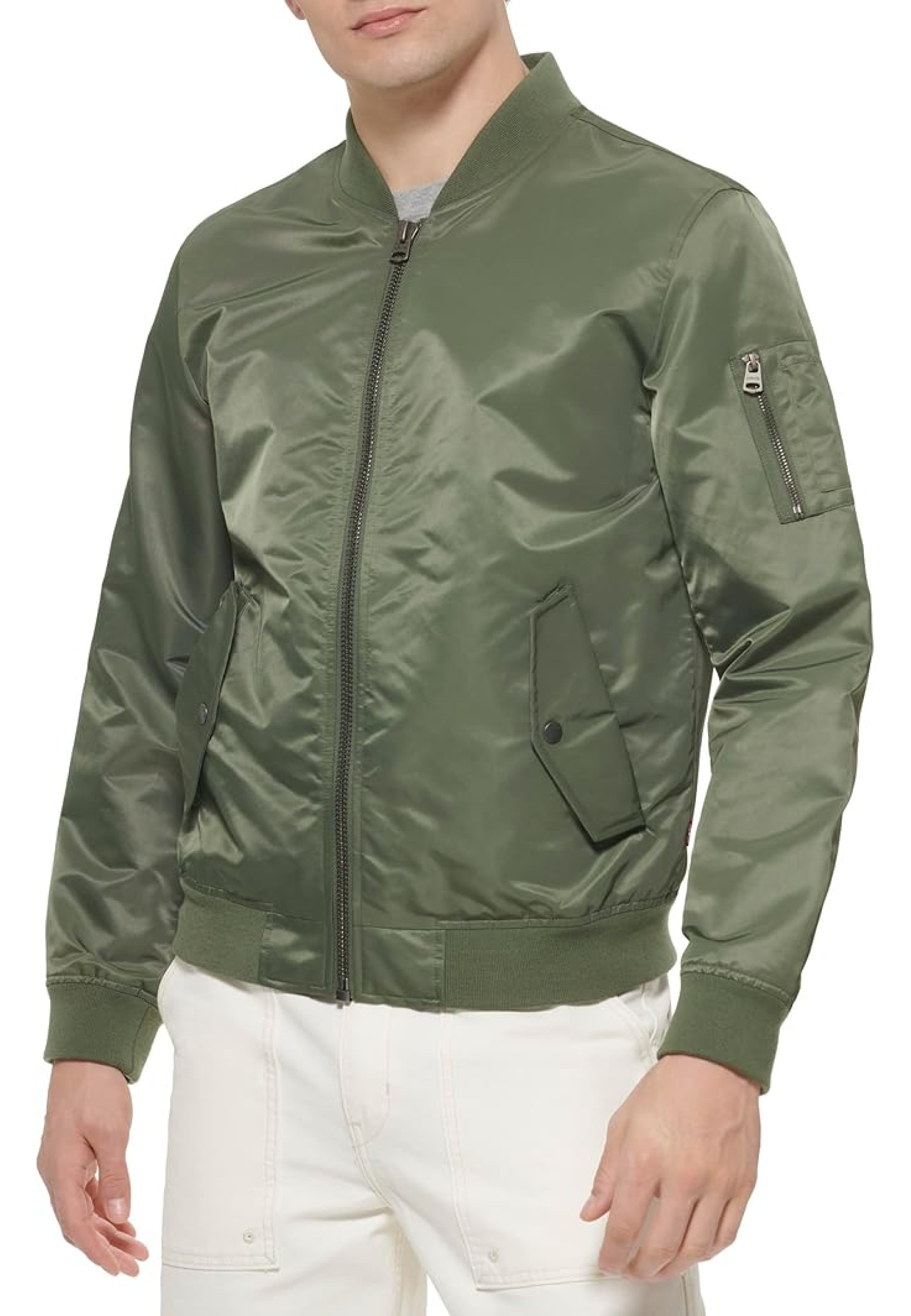 Levi's Men's Flight Satin Unfilled Ma-1 Bomber in Thyme color, style LM2RN614, front view