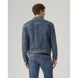 Men's Levi's Trucker Jacket Lombard Nights Dark Wash Style #723340795 in a city look with jeans