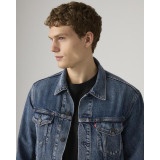 Men's Levi's Trucker Jacket Lombard Nights Dark Wash Style #723340795 in a city look with jeans