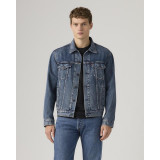 Men's Levi's Trucker Jacket Lombard Nights Dark Wash Style #723340795 in a city look with jeans