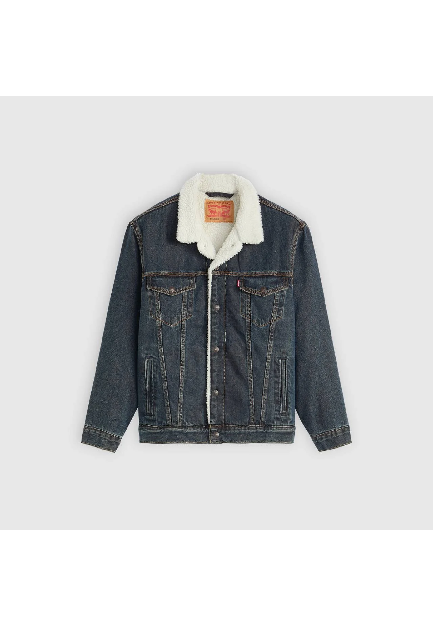 Образ з курткою Levi's Relaxed Fit Sherpa Trucker Night Shadows Dark Wash та джинсами 2025