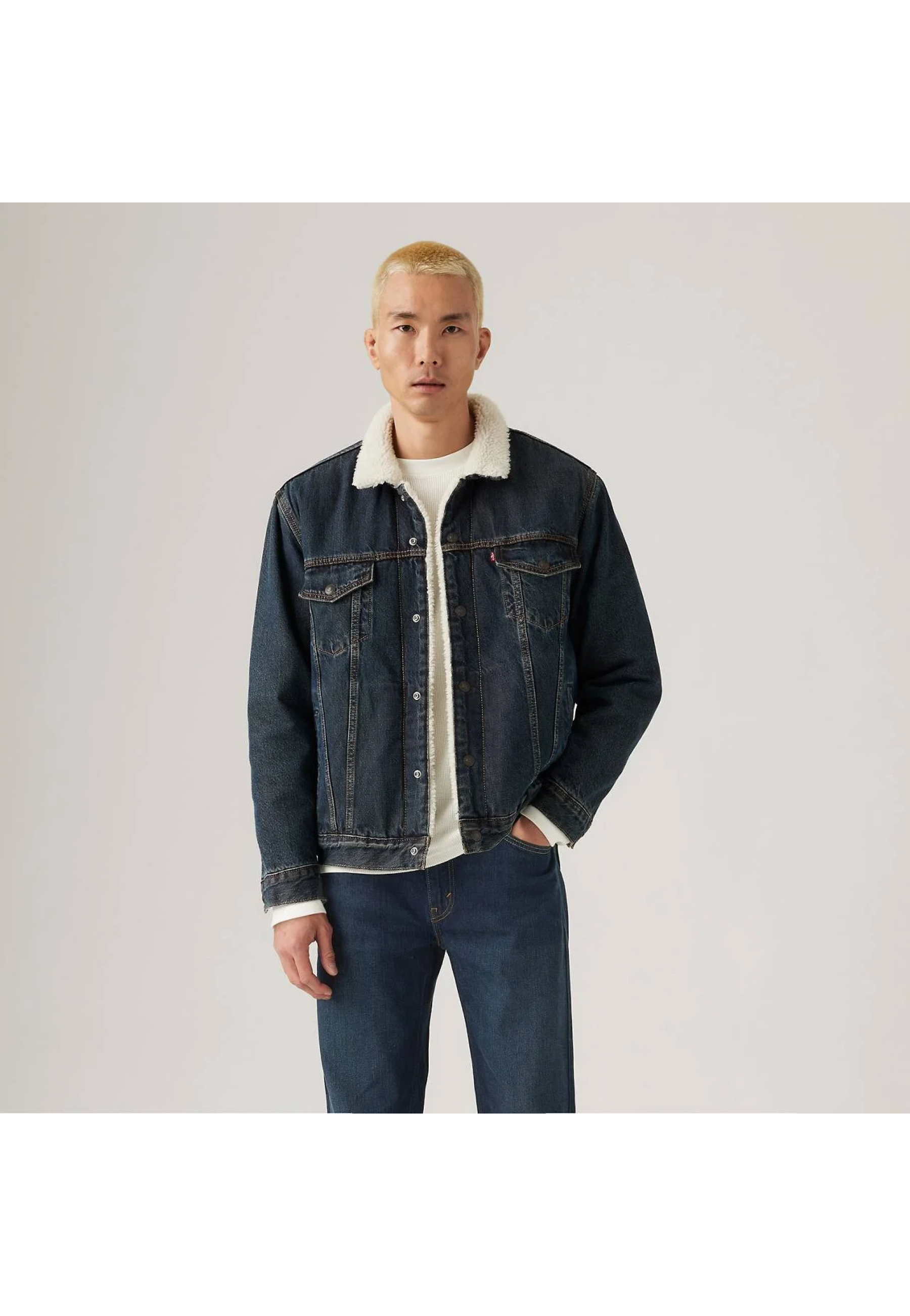 Образ з курткою Levi's Relaxed Fit Sherpa Trucker Night Shadows Dark Wash та джинсами 2025