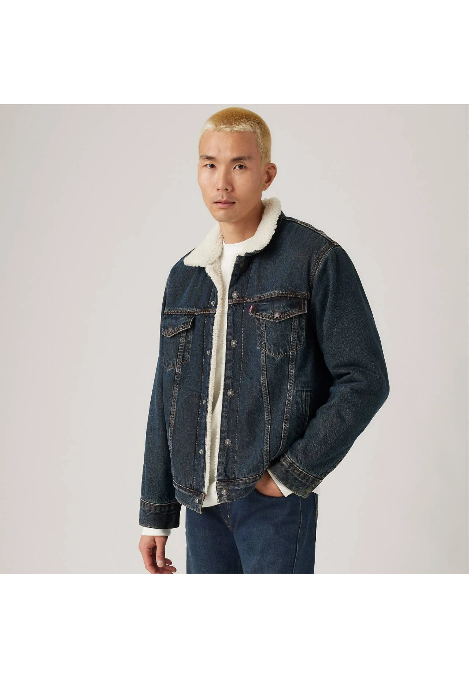 Образ з курткою Levi's Relaxed Fit Sherpa Trucker Night Shadows Dark Wash та джинсами 2025