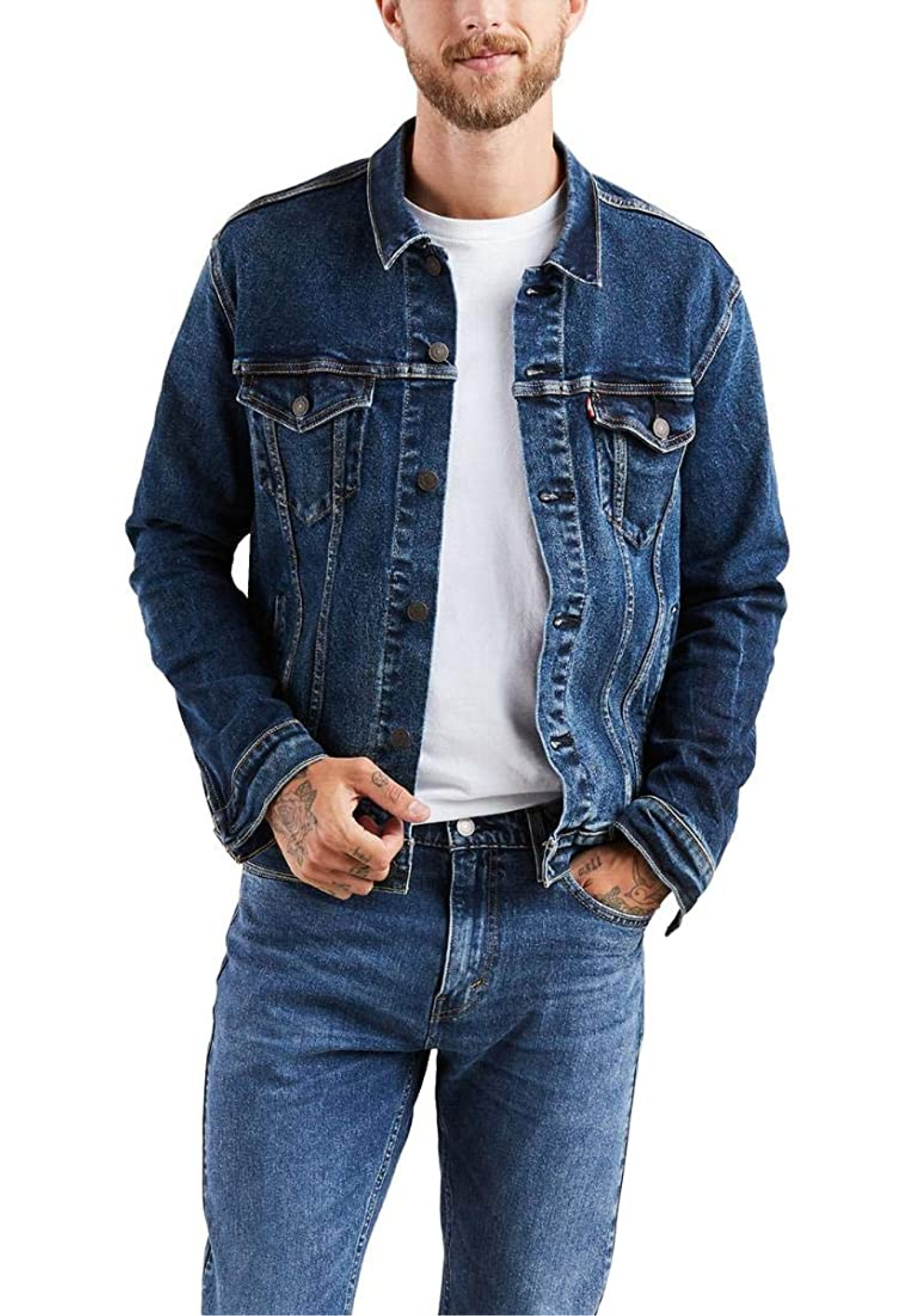 Man wearing Levi's Trucker Jacket Colusa Medium Wash with jeans and sneakers