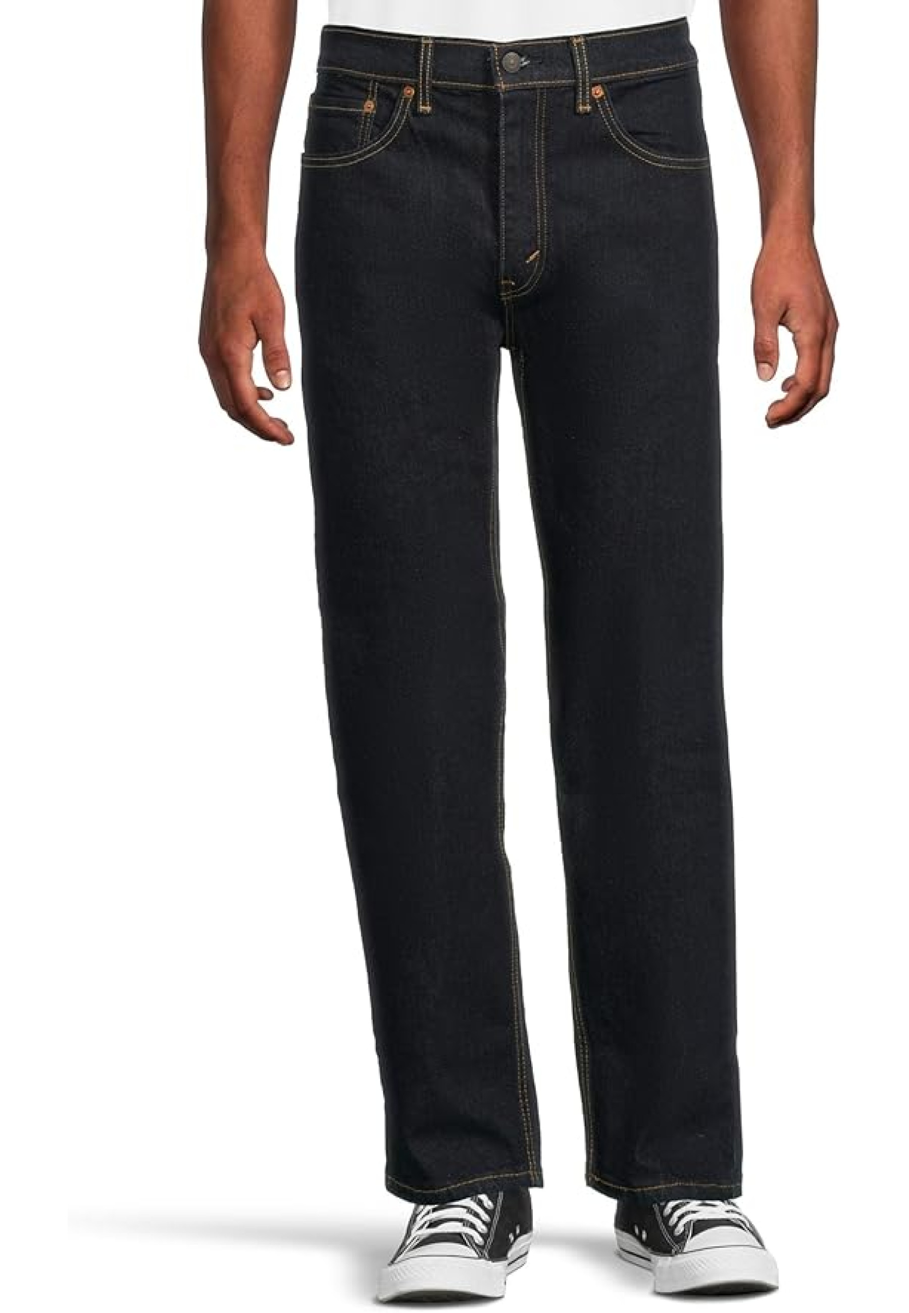 Чоловічі джинси Levi's 505 Regular Rinse Str Dark Wash Style #005051453 у повсякденному луці з кросівками Merrell