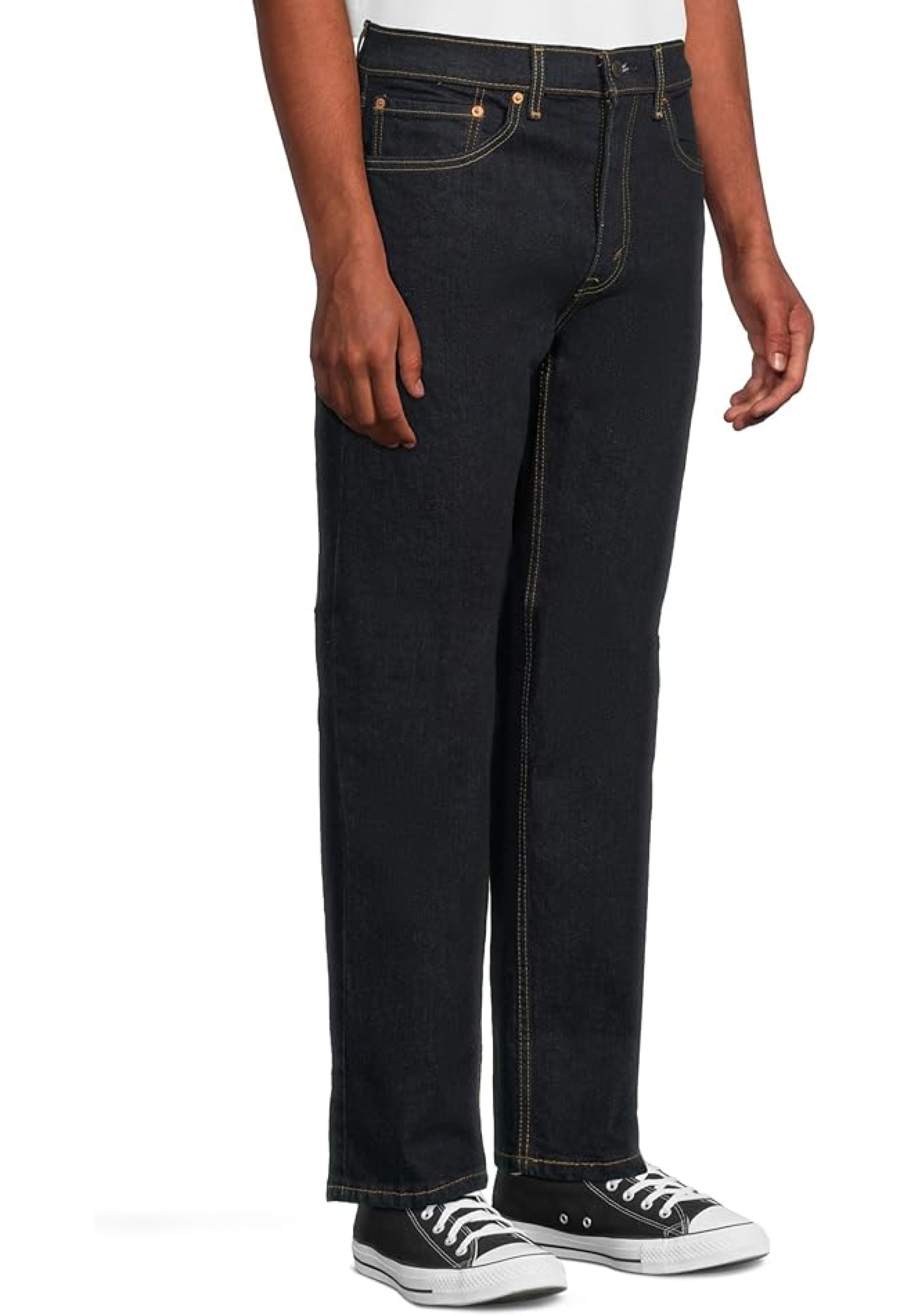 Чоловічі джинси Levi's 505 Regular Rinse Str Dark Wash Style #005051453 у повсякденному луці з кросівками Merrell